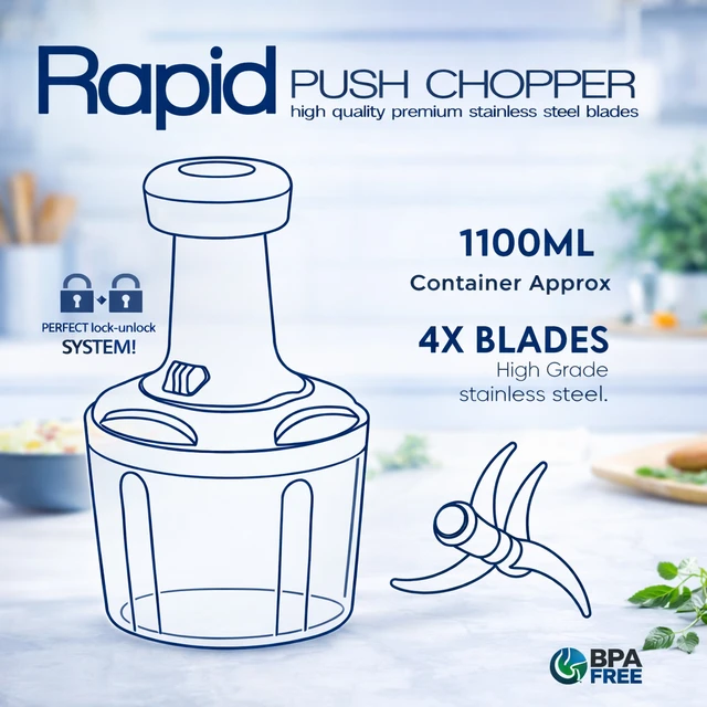 Rapid Push Chopper 1100ml | Manual Vegetable & Fruit Cutter | 4 Stainless Steel Blades | BPA-Free Container | Multipurpose Kitchen Chopper for Onion, Tomato, Nuts & Salad