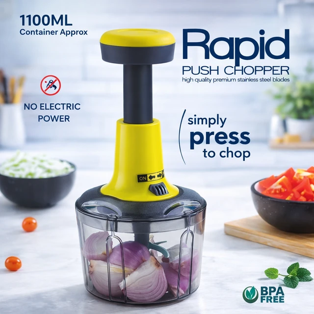 Rapid Push Chopper 1100ml | Manual Vegetable & Fruit Cutter | 4 Stainless Steel Blades | BPA-Free Container | Multipurpose Kitchen Chopper for Onion, Tomato, Nuts & Salad