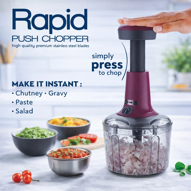 Rapid Push Chopper 1100ml | Manual Vegetable & Fruit Cutter | 4 Stainless Steel Blades | BPA-Free Container | Multipurpose Kitchen Chopper for Onion, Tomato, Nuts & Salad