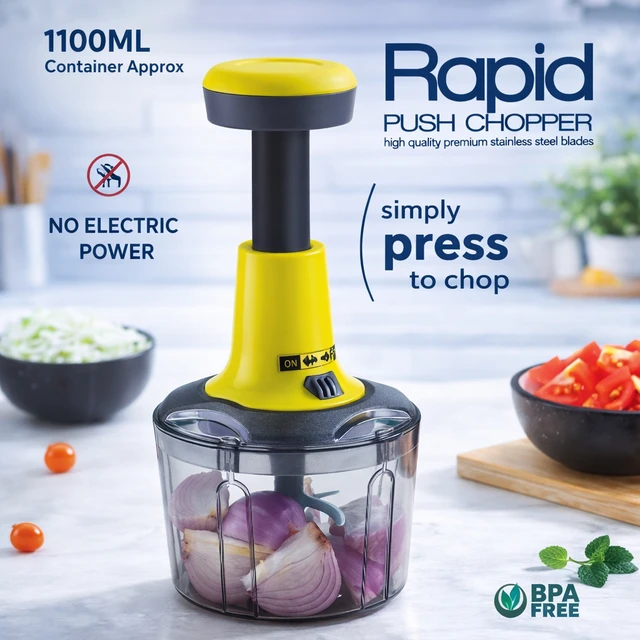 Rapid Push Chopper 1100ml | Manual Vegetable & Fruit Cutter | 4 Stainless Steel Blades | BPA-Free Container | Multipurpose Kitchen Chopper for Onion, Tomato, Nuts & Salad