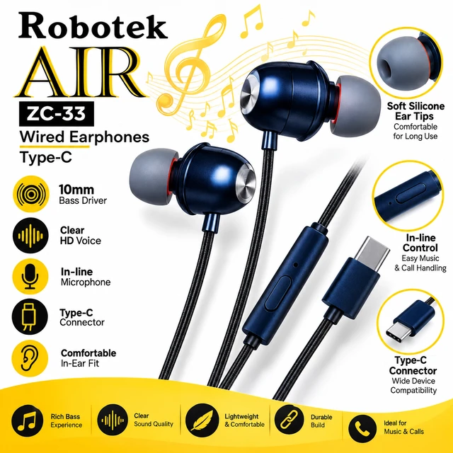 Robotek AIR ZC-33 Type-C Wired Earphones with 10mm Bass Driver, In-Line Microphone & Control, Soft Silicone Ear Tips, Clear HD Voice & Comfortable In-Ear Fit for Music, Calls & Everyday Use