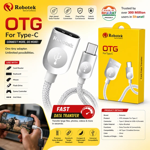 Robotek OTG Adapter for Type-C | USB OTG Converter | Fast Data Transfer | Type-C Male to USB-A Female Adapter | Plug & Play | Compatible with Flash Drive, Keyboard, Mouse & Card Reader