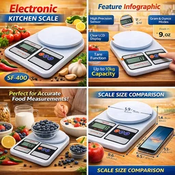 SF-400 Electronic Kitchen Scale | Digital LCD Display | 10kg Capacity | High Precision Sensor | g/oz Mode | Tare Function | White