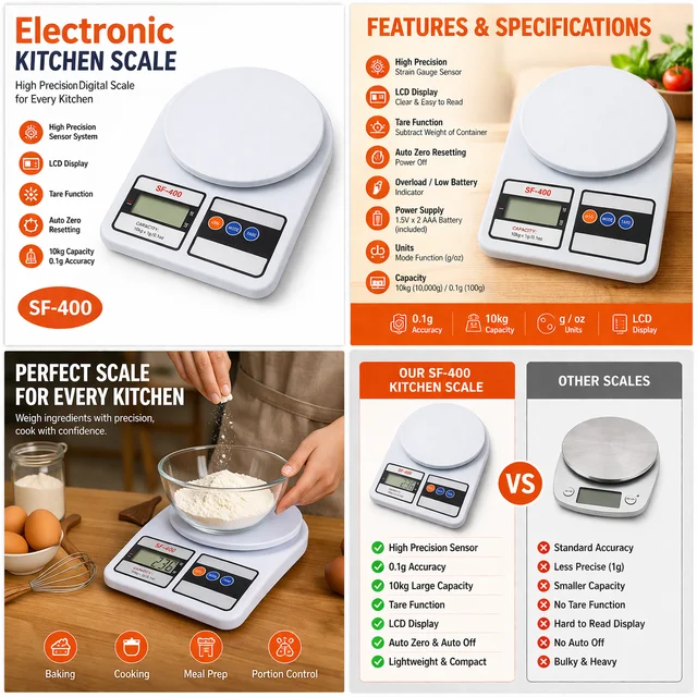 SF-400 Electronic Kitchen Scale | Digital LCD Display | 10kg Capacity | High Precision Sensor | g/oz Mode | Tare Function | White