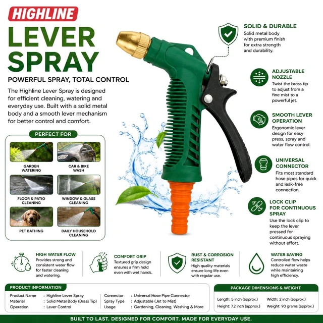 Highline Lever Spray Nozzle for Hose Pipe | Adjustable Water Spray Gun with Metal Body & Brass Tip | Handheld Garden Sprayer for Gardening, Car Wash, Floor Cleaning & Household Use