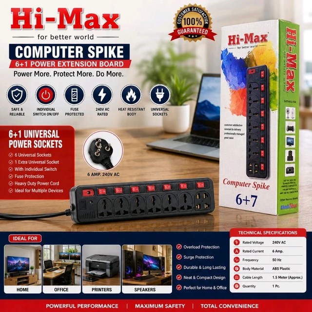 Hi-Max 6+1 Universal Power Extension Board with Individual Switches & Fuse Protection | 240V AC, 6 Amp Multi Plug Spike Guard | Heavy Duty Extension Cord for Home, Office, Computer, TV & Appliances