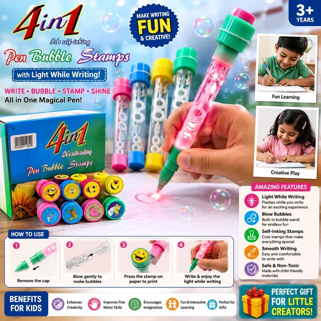 4 in 1 Bubble Pen Stamp with Light | Self-Inking Fun Pen for Kids | Bubble Maker + Writing Pen + Stamp + LED Light | Multicolor Creative Toy Pen for Boys & Girls (Assorted Design and Colour) 1 Piece