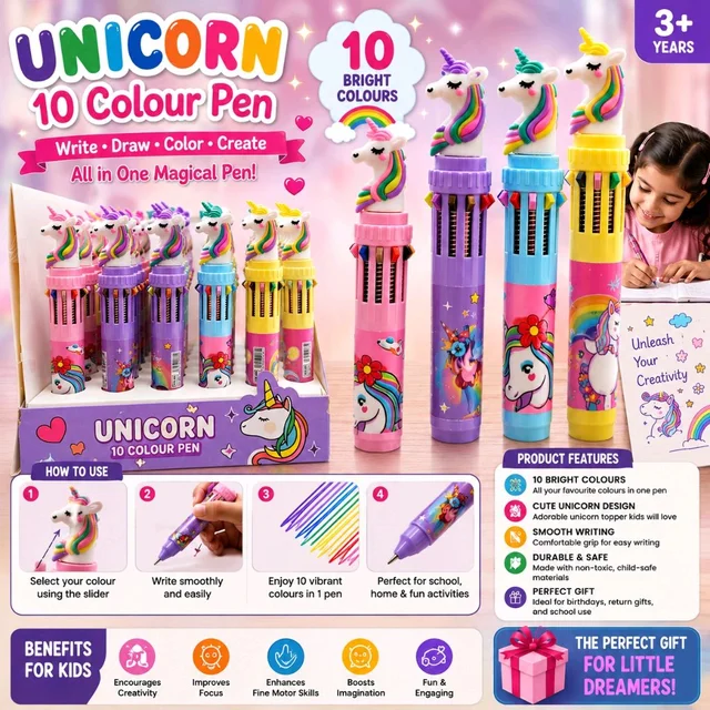 Unicorn 10 Colour Pen for Kids | Multicolor Ball Pen with Cute Unicorn Topper | 10 Ink Colors in One Pen | Smooth Writing School Stationery Gift for Girls & Kids | Assorted Colour