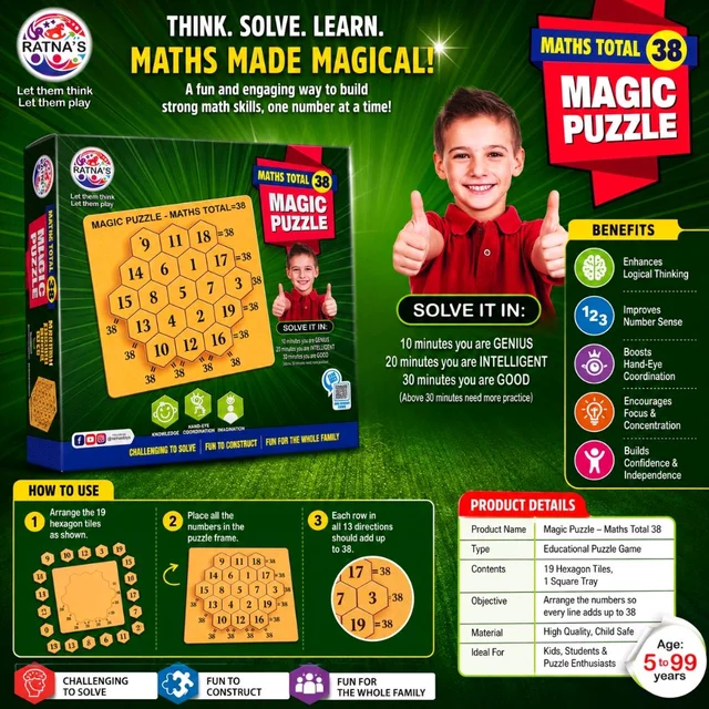 Ratna's Maths Total 38 Magic Puzzle | Educational Number Puzzle Game | 19 Hexagon Tiles + Tray | Brain Development, Logical Thinking & Learning Toy for Kids & Family | Age 5+ Years
