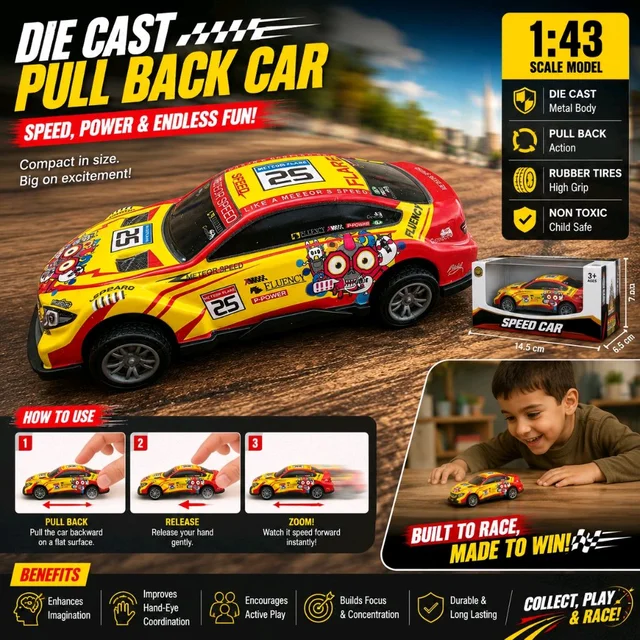 Die Cast Pull Back Racing Car Toy for Kids | Metal Body Mini Sports Car with Pull Back Action | High Speed Friction Powered Toy Car | Durable & Fun Gift for Boys & Girls (Assorted Design)