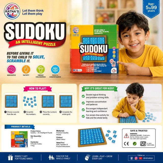 Ratna’s Classic Sudoku Intelligent Puzzle Game for Kids & Family | Brain Teaser Educational Toy | Enhances Logic, Focus & Problem-Solving Skills | 9 Puzzle Cubes with Tray | Ages 5+ Years