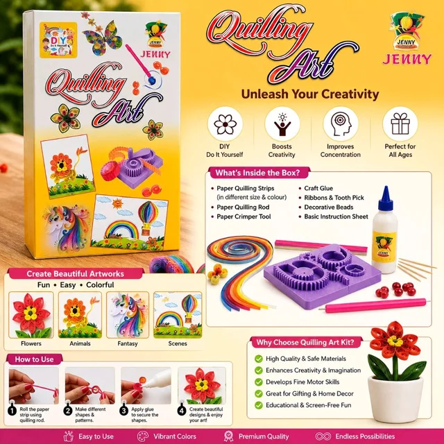 Jenny Quilling Art DIY Craft Kit for Kids & Beginners | Complete Paper Quilling Set with Color Strips, Quilling Tool, Crimper, Glue & Decorative Accessories | Creative Art & Craft Kit