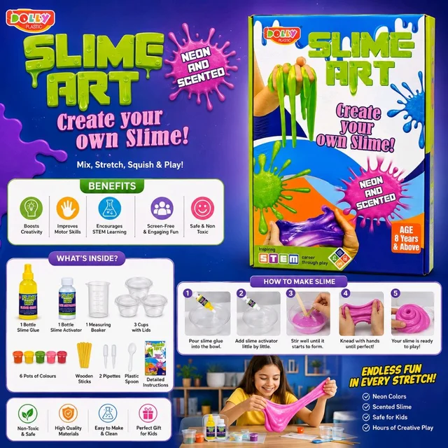 Dolly Slime Art DIY Kit for Kids | Create Your Own Neon & Scented Slime | STEM Learning Toy with Slime Glue, Activator, Colors & Accessories | Age 8+ Years