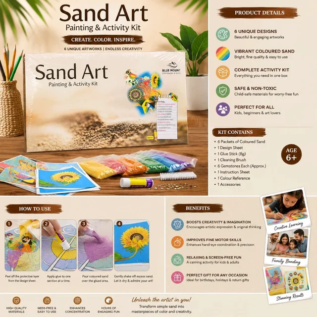 Sand Art Painting & Activity Kit for Kids (Age 6+) – DIY Creative Craft Set with Colored Sand, Design Sheets, Glue Stick, Brush & Accessories | Educational Fun Activity Gift for Boys & Girls