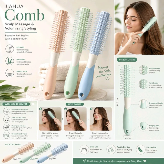 JIAHUA Round Barrel Hair Comb for Women & Men | Scalp Massage Vent Brush for Volumizing, Detangling & Blow Dry Styling | Anti-Static Soft Bristle Hair Brush | Lightweight Ergonomic Handle | Random Colour