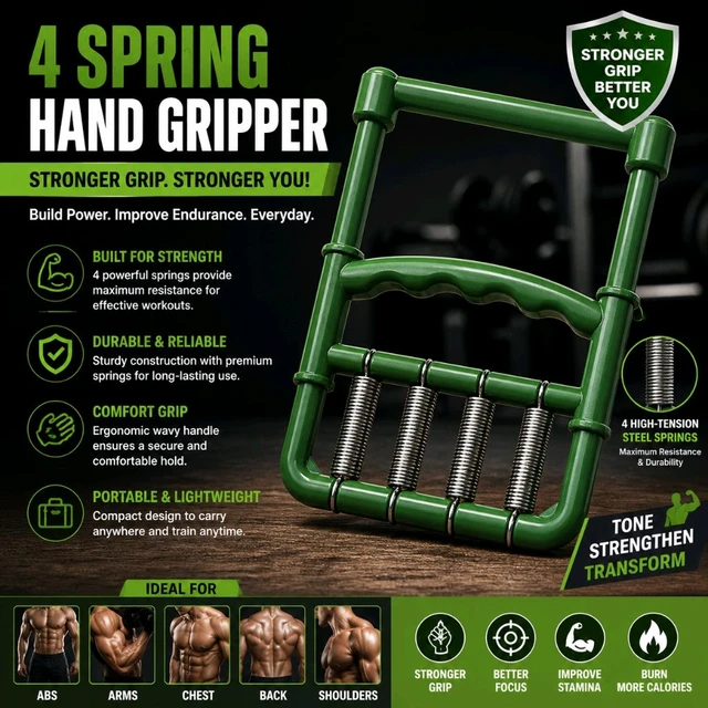 4 Spring Hand Gripper Exerciser | Heavy Duty Grip Strengthener for Forearm, Wrist, Finger & Hand Exercise | Portable Resistance Hand Grip Trainer for Strength, Endurance & Rehabilitation