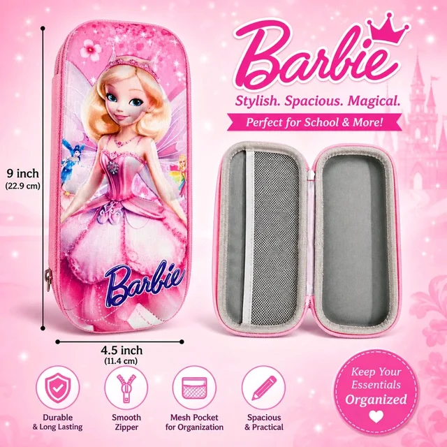 Barbie Printed Hard Shell Pencil Box for Girls | Cute Cartoon Character Zipper Pencil Case | Multipurpose Stationery Storage Box for School Kids | Lightweight Travel Organizer Pouch – Pink