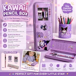 Cute Cartoon Purple Pencil Box for KIDS with Built-in Sharpener| Multi-Compartment Stationery Organizer Box for School Kids