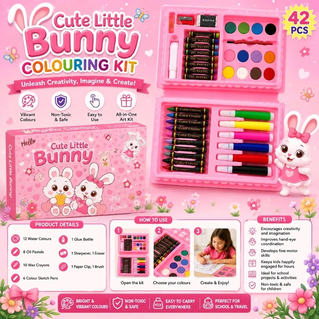 Cute Little Bunny 42 PCS Colours Set for Kids – Cute Bunny Theme Art & Colouring Kit for Drawing, Painting, School Projects & Creative Activities