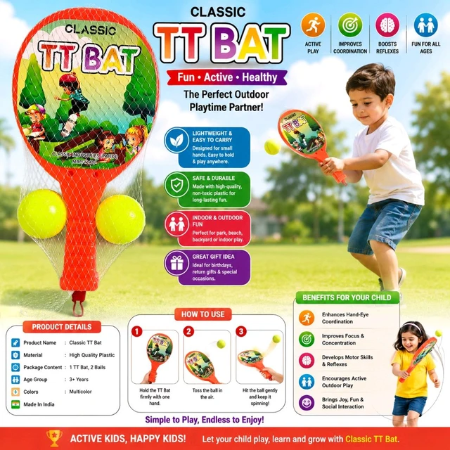 Classic TT Bat for Kids with 2 Balls | Lightweight Plastic Paddle Tennis Toy Set | Indoor & Outdoor Sports Play Game | Hand-Eye Coordination Training Toy | Fun Active Play for Boys & Girls 3+ Years