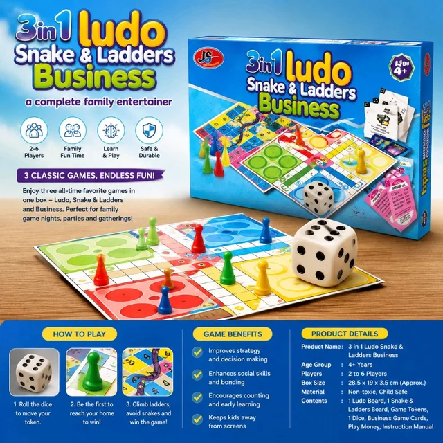 JS 3 in 1 Ludo, Snake & Ladders & Business Board Game Set for Kids & Family | Educational Indoor Game | 2–6 Players | Dice, Tokens & Play Accessories Included | Age 5+