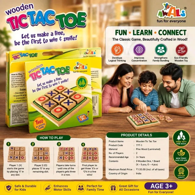 AWALS Wooden Tic Tac Toe Board Game for Kids & Family | Classic Educational Strategy Game | Pine Wood Learning Toy for Logical Thinking & Family Fun | Age 3+ | 2 Players