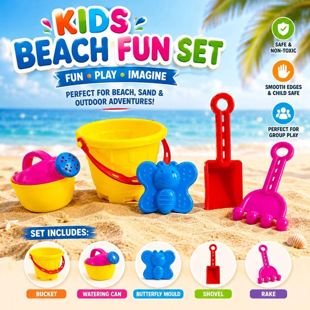 Kids Beach Fun Set 5 Pieces Sand Toys for Kids, Beach Bucket Set with Watering Can, Shovel, Rake & Butterfly Sand Mould, Outdoor Sandbox Play Kit for Boys & Girls -