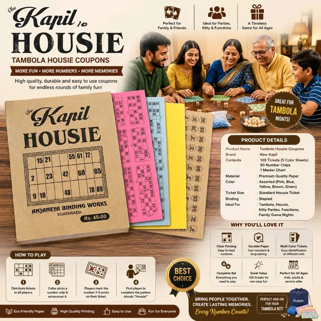 Kapil Tambola Housie Coupons Book Set | 100 Tickets with Number Chips & Master Chart | Family Party Game for Kids & Adults | Ideal for Kitty Parties, Birthday Parties, Festivals & Game Nights