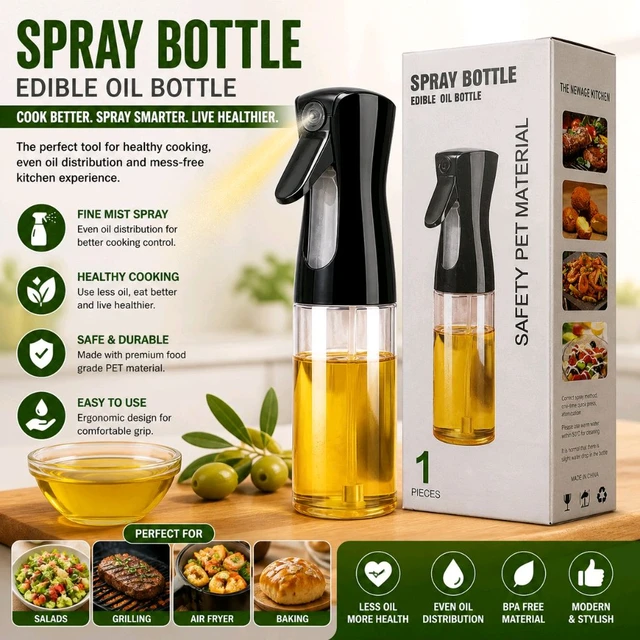 Edible Oil Spray Bottle for Cooking | Food Grade PET Oil Dispenser Sprayer for Olive Oil, Sunflower Oil, Vinegar & Sauce | Fine Mist Kitchen Spray Bottle for Air Fryer, Salad, BBQ & Baking