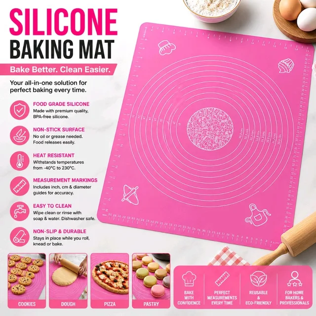 Silicone Baking Mat with Measurement Guide | Non-Stick Food Grade Pastry Rolling Mat for Dough, Pizza, Cookies & Fondant | Reusable Heat Resistant BPA-Free Kneading Mat for Baking & Cooking - Assorted Colour