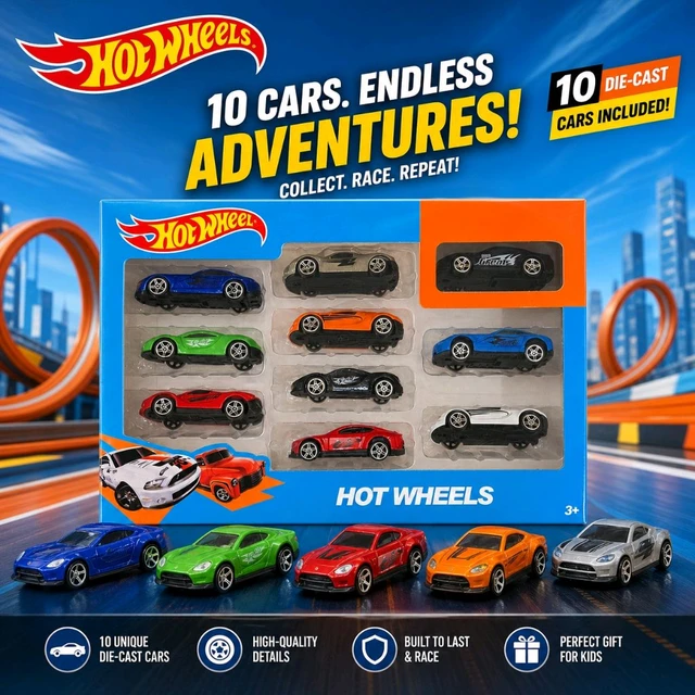 Hot Wheels 10-Piece Die-Cast Toy Car Gift Set for Kids | Multicolor Mini Racing Cars Collection Pack | Sports Car Models | Fun Racing Toys for Boys & Girls Age 3+