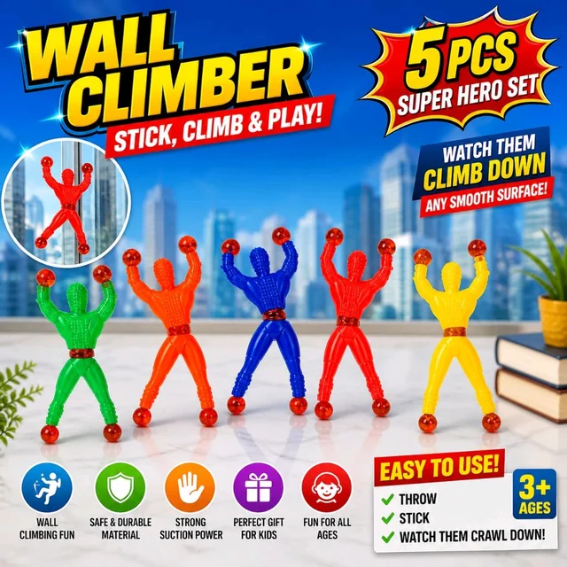 5 PCS Wall Climber Sticky Spider Hero Toy Set for Kids | Suction Cup Wall Crawling Figures | Throw & Stick Climbing Toys | Multicolor Fun Party Toys for Boys & Girls Age 3+