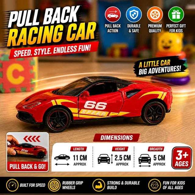 Pull Back Racing Sports Car Toy for Kids | Die-Cast Style Friction Powered Mini Speed Car | 11 cm Red Action Car with Rubber Grip Wheels | Boys & Girls Toy Gift Age 3+