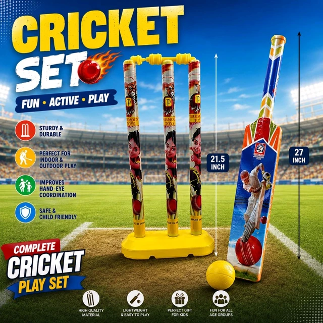 Champion Kids Complete Plastic Cricket Set with Bat (27 Inch), Wickets (21.5 Inch), Ball | Lightweight Indoor & Outdoor Cricket Play Set | Safe Durable Sports Toy Gift for Boys & Girls