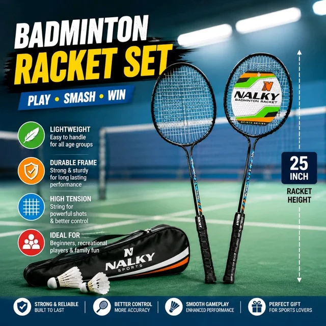 NALKY Badminton Racket Set for Kids & Beginners (2 Rackets + Carry Cover) | 25 Inch Lightweight Durable Steel Frame | Indoor & Outdoor Sports Play Set