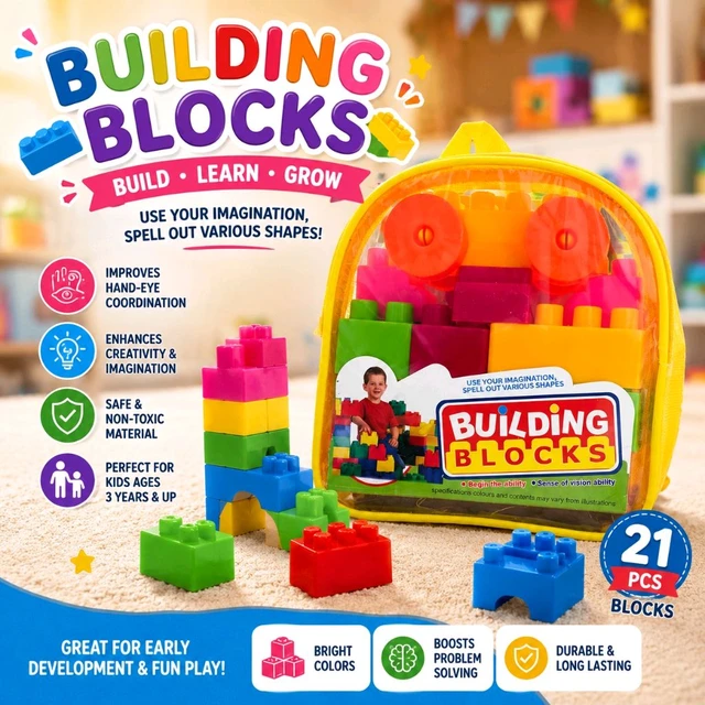 21 PCS Building Blocks for Kids 3+ Years with Carry Backpack | Educational Creative Construction Toy Set | Colorful Learning Blocks for Boys & Girls