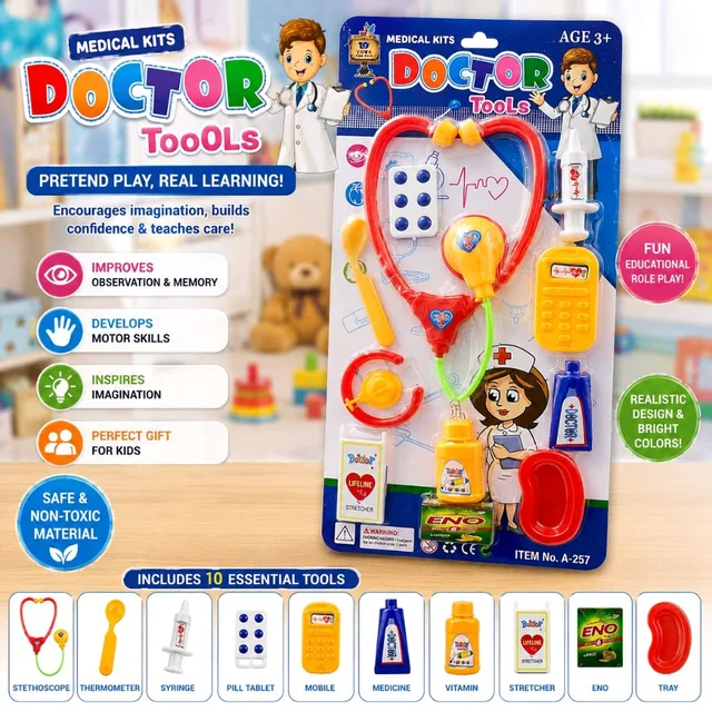 Medical Kits Doctor Tools for Kids Age 3+ | 10-Piece Pretend Play Doctor Set with Stethoscope, Syringe, Thermometer, Medicine Accessories & Mobile | Educational Role Play Toy Set for Boys & Girls