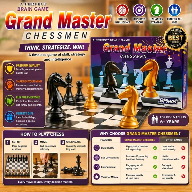 Grand Master Chessmen Strategy Board Game Set for Kids & Adults | Educational Brain Development Chess Game | Premium Durable Chess Pieces | Family Indoor Mind Game | Perfect Gift for Ages 6+