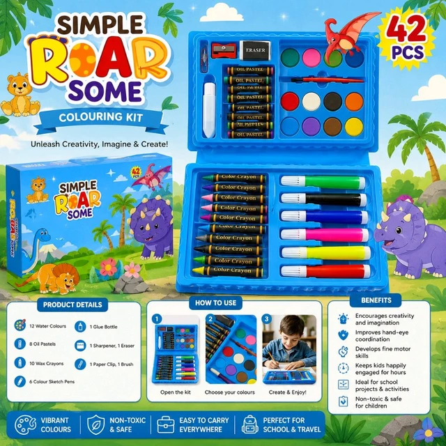 42 Pieces Dinosaur Colouring Kit for Kids | Art & Craft Set with Water Colours, Oil Pastels, Wax Crayons, Sketch Pens & Accessories | Portable Drawing Painting Kit for Boys & Girls