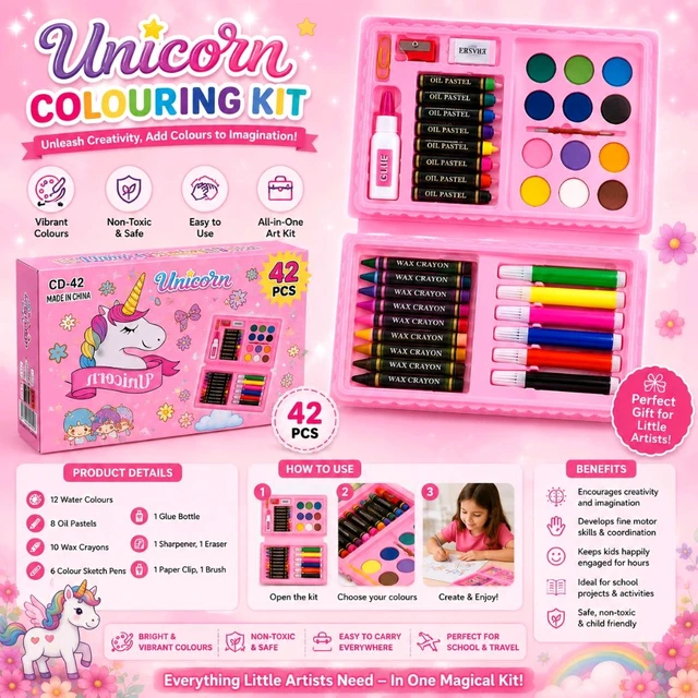 42 Pieces Unicorn Colouring Kit for Kids | Art & Craft Set with Water Colours, Oil Pastels, Wax Crayons, Sketch Pens & Accessories | Portable Drawing Painting Kit for Girls & Boys