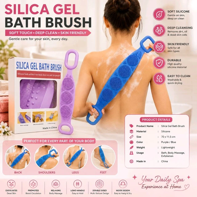 Silicone Bath Body Brush with Long Handle | Double-Sided Silica Gel Bath Scrubber | Soft Silicone Back Scrubber for Deep Cleansing, Exfoliating & Body Massage | Skin-Friendly Shower Brush for Men & Women