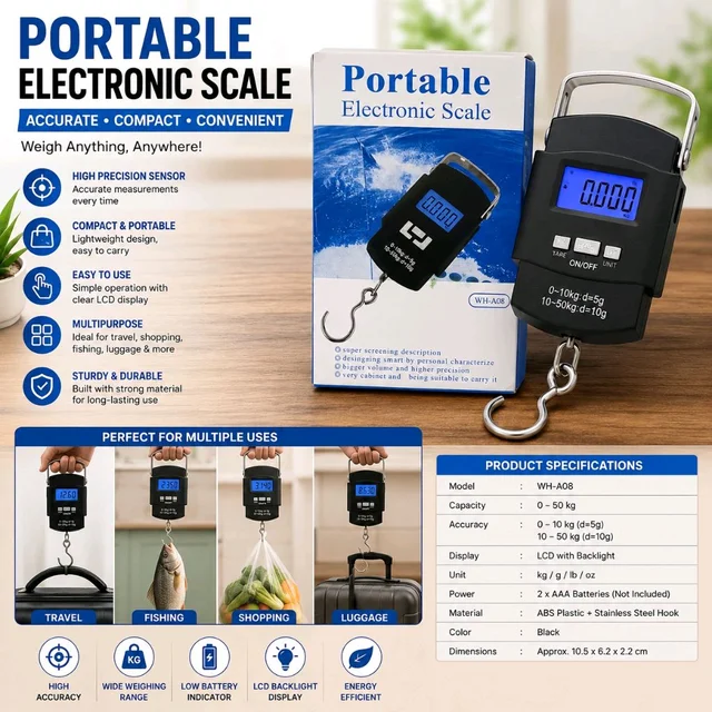 Portable Electronic Scale 50kg Digital Luggage Weighing Scale with LCD Backlit Display | High Precision Travel & Fishing Weight Scale | Handheld Hook Scale for Luggage, Grocery, Parcel & Outdoor Use