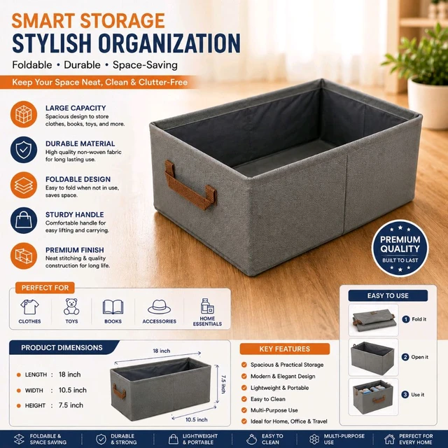 Premium Foldable Fabric Storage Box with Side Handles | Large Clothes Organizer Basket | Non-Woven Storage Bin for Wardrobe, Closet, Shelves, Toys, Blankets, Books & Home Organization | Grey | 18 x 10.5 x 7.5 Inch