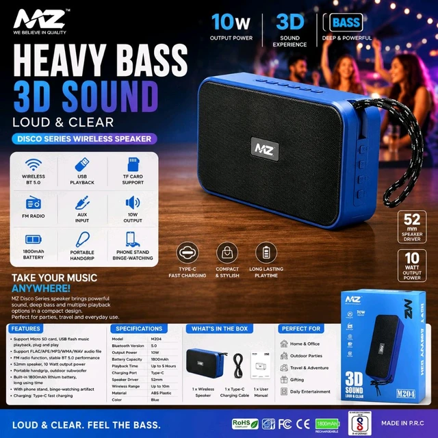 MZ M204 10W Wireless Bluetooth Speaker with Heavy Bass, Bluetooth 5.0, USB & TF Card Support, FM Radio, AUX Input, Type-C Fast Charging, 1800mAh Battery, Phone Stand & Portable Hand Strap