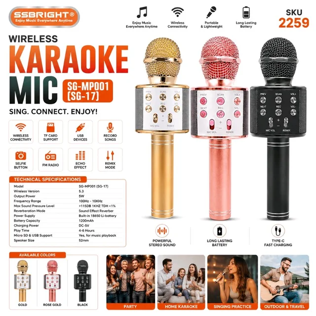 SSBRIGHT SG-MP001 (SG-17) Wireless Bluetooth Karaoke Microphone with Built-in Speaker | Portable Music Mic | USB, TF Card, FM Radio | Recording Function | Echo & Remix Controls | Rechargeable Battery | Assorted Colour