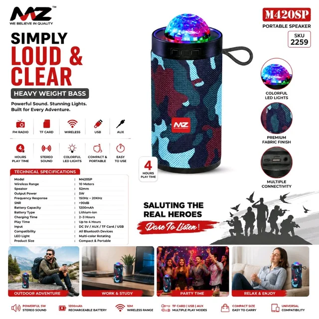 MZ M420SP Portable Wireless Bluetooth Speaker with RGB LED Party Light, Heavy Bass, Bluetooth Wireless, FM Radio, USB, TF Card, AUX Input, 1200mAh Rechargeable Battery, Up to 4 Hours Playtime (Camouflage Design)