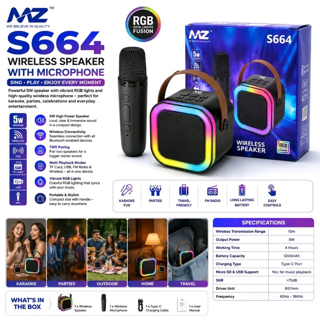 MZ S664 Wireless Bluetooth Speaker with Wireless Microphone | 5W Hi-Fi Speaker | RGB LED Lights | TWS Stereo | TF Card, USB & FM Radio | Type-C Rechargeable Portable Karaoke Speaker