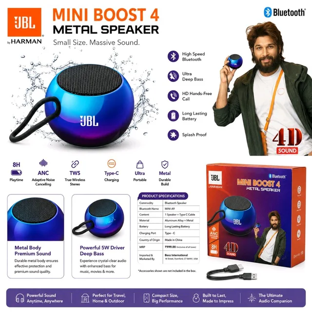 Mini Boost 4 Portable Bluetooth Speaker | Metal Body | 5W Deep Bass | Bluetooth 4.2 | TWS Stereo Pairing | Type-C Fast Charging | HD Hands-Free Calling | Splash Resistant | Up to 8 Hours Playtime