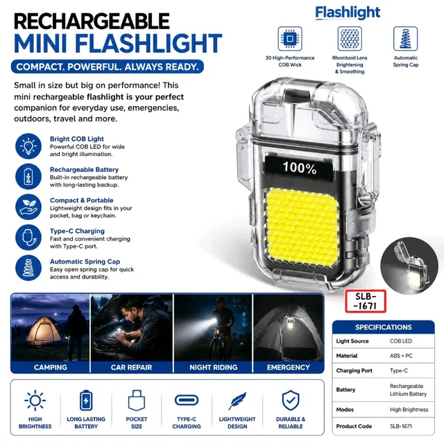 Rechargeable Mini COB LED Flashlight with Type-C Charging | High Brightness Portable Pocket Torch | Emergency Work Light | Camping, Hiking, Travel & Outdoor Flashlight