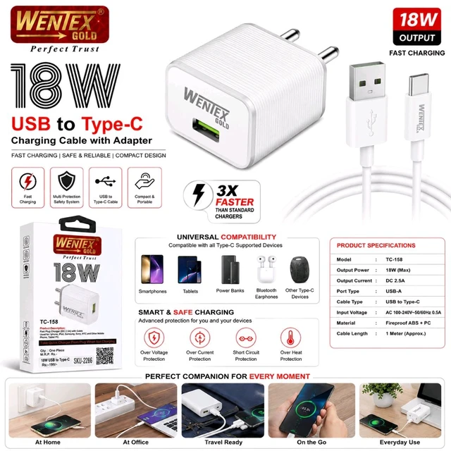 WENIEX Gold 18W Fast Charger with USB to Type-C Cable | 18W USB Wall Adapter | Fast Charging Travel Charger for Android Smartphones, Tablets & Type-C Devices | TC-158